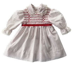 Vintage Polly Flinders Hand Smocked Dress 3T Long Sleeve W/Belt White W/Red Dots